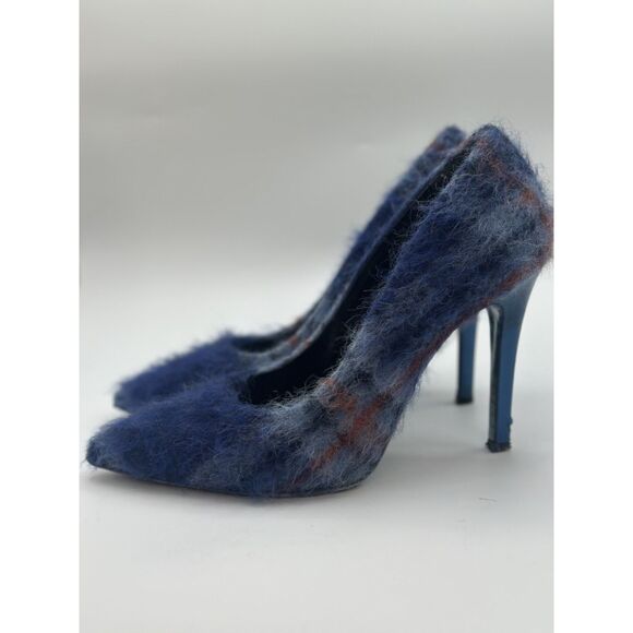 SANJIV-BLUEMULTI STILETTO BOOTIE | AZALEA WANG MSGM Fuzzy Wool Stiletto Heels – Blue Plaid – Made in Italy – Statement Pumps